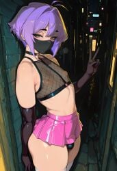 1boy ai_generated antenna_hair big_ass blush brown_eyes bulge choker crop_top elbow_gloves femboy flat_chest komi-san_wa_komyushou_desu looking_at_viewer makeup male mask mayyreel miniskirt night nipples osana_najimi peace_sign purple_hair see-through short_hair slutty_face solo stockings street thick_ass thick_eyebrows thick_thighs trap