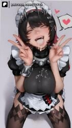 after_fellatio after_oral ahe_gao ai_generated apron big_breasts breasts clothed cum cum_in_mouth cumdrip ellen_joe female female_only from_above heart kneeling multicolored_hair naughty_face open_mouth rolling_eyes skirt smile solo thighhighs trugprz zenless_zone_zero