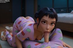 ai_generated ass_crack ass_focus bangs bending_forward bending_over blowjob cleavage cute_face cute_girl fellatio kneeling kpop_demon_hunters netflix nipples nipples_slip nipples_visible_through_clothing oral_sex pajamas patreon patreon_username perfect_breasts perky_breasts perky_nipples petite_girl size_difference sucking_penis tan_body whatajinx zoey_(kpop_demon_hunters)