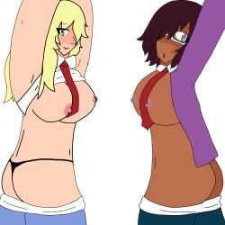 2025 2girls big_ass big_breasts black_hair black_hair_female blonde_female blonde_hair blonde_hair_female curvy curvy_female curvy_hips dark_skinned_female first_porn_of_character first_porn_of_franchise functionally_nude functionally_nude_female glasses glasses_on_head glasses_only gloria_(rumble_high) green_eyes ladyweirdfla light-skinned_female lipstick nipples no_panties nude_female older_female older_female_and_younger_female panties pants pants_down pants_pull pantsu parody pixiv_link purple_eyes purple_jacket red_tie rumble_high sexy sexy_pose simple_background teenage_girl teenager thick_thighs tie white_background white_collar white_collared_shirt white_shirt white_shirt_collar women younger_female zizifus_(rumble_high)