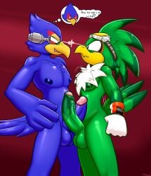 2025 absurd_res accipitrid accipitriform anthro anthro_on_anthro avian balls beak bird blue_balls blue_body blue_eyes blue_feathers blue_penis chest_tuft clothing dialogue duo english_text erection eye_contact eyewear eyewear_on_head falco_lombardi falcon falconid feathers felino fist foreskin frottage genitals glans gloves goggles goggles_on_head green_balls green_body green_eyes green_feathers green_nipples green_penis grey_eyewear grey_goggles half-closed_eyes hand_on_hip handwear hi_res humanoid_genitalia humanoid_penis jet_the_hawk looking_at_another male male/male markings mostly_nude narrowed_eyes nintendo nipples penile penis penis_size_difference penises_touching pink_glans pupils red_body red_feathers red_markings sega sex smile smirk smug sonic_(series) sonic_riders sonic_the_hedgehog_(series) standing star_fox text thought_bubble throbbing throbbing_penis tuft uncircumcised white_body white_clothing white_feathers white_gloves white_handwear yellow_beak yellow_body yellow_eyewear yellow_feathers yellow_goggles yellow_markings