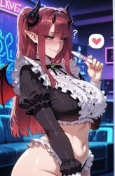 1girls ? ai_generated averting_eyes bangs black_horns blunt_bangs blush breasts cleavage closed_mouth clothing cosplay curvaceous curvaceous_female curvaceous_figure curvy curvy_figure demon_girl demon_horns demon_tail demon_wings female female female_focus female_only frills green_eyes hair_ornament headdress heart holding horns huge_breasts indoors kitagawa_marin large_breasts legwear long_hair long_sleeves maid maid_headdress miyuai navel panties pointy_ears pregnancy_test puffy_sleeves red_hair rizu-kyun_(cosplay) shirt sidelocks smile solo sono_bisque_doll_wa_koi_wo_suru spoken_heart sweat tail thick_thighs thighhighs thighs two_side_up underwear voluptuous voluptuous_female wavy_mouth wings