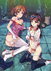 2girls bare_shoulders black_legwear blush breasts brown_hair bukkake cleavage cum cum_on_body cum_on_breasts cum_on_hair cum_on_lower_body cum_on_upper_body facial flower hair_flower hair_ornament hair_ribbon headset idolmaster idolmaster_cinderella_girls jacket jewelry kneeling kno1 long_hair midriff multiple_girls navel necklace nipples nitta_minami open_clothes open_mouth panties panty_pull ribbon sandals shirt_pull short_hair tear totoki_airi underwear visor_cap white_legwear white_panties