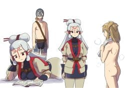 1boy 1girls :| arms_at_sides ass back blonde_hair cfnm closed_mouth clothed_female_nude_male commentary_request dimples_of_venus earrings expressionless eye_symbol facial_mark female forehead_mark forehead_tattoo grey_hair hair_ornament hair_stick jewelry link long_hair looking_at_another lying male male_ass male_ass_focus male_underwear medium_hair monbetsu_kuniharu navel nude only_one_naked paya_(the_legend_of_zelda) pointy_ears reading scar sheikah simple_background standing steam steaming_body stomach tattoo the_legend_of_zelda the_legend_of_zelda:_breath_of_the_wild topless_male towel towel_around_neck underwear underwear_only walking white_background