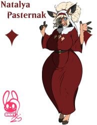 absurd_res accessory anthro big_penis blonde_hair blue_eyes brown_body bulge clothed clothing curvy_figure detailed_bulge dress eyelashes female fingers fully_clothed genital_outline genitals hair headgear headwear hi_res hooves huge_cock hyper hyper_genitalia hyper_penis invalid_background looking_at_viewer markings mature_female nun nun_habit nun_outfit penis penis_outline plump_lower_lip religious_clothing smile solo standing succubusbnny thick_thighs voluptuous wide_hips