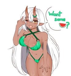 ;d akumi bangs bikini breasts cleavage cowboy_shot criss-cross_halter dark_skin eyebrows_visible_through_hair female food_print green_bikini hair_between_eyes hand_on_own_thigh horns large_breasts long_hair looking_at_viewer navel oerba_yun_fang one_eye_closed oni_horns open_mouth pointy_ears smile solo striped swimsuit very_long_hair vyugen white_background