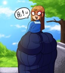1girls 2d_(artwork) artist_signature ass ass_bigger_than_head ass_bigger_than_torso ass_focus background brown_hair butt_focus dress female female_only glasses hi_res hips hips_wider_than_shoulders kindergarten_(game) kindergarten_3 looking_at_viewer massive_ass meryo_2 ms._lovelett text text_bubble thick_ass thick_thighs thighs wide_hips