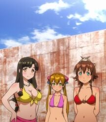 3girls amy_(suisei_no_gargantia) animal arms_behind_back big_breasts bikini blonde_hair breasts brown_eyes brown_hair busty cleavage expressionless female female_only front-tie_bikini_top front-tie_top green_eyes hands_on_hips highres large_breasts legs long_hair looking_at_viewer medium_breasts melty_(suisei_no_gargantia) multiple_girls navel o-ring o-ring_bikini pose posing purple_bikini saaya_(suisei_no_gargantia) sarong small_breasts suisei_no_gargantia swimsuit thighs twintails voluptuous yellow_bikini