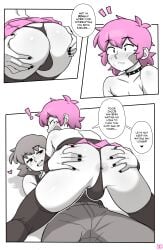 1girls 2boys anus ass ass_grab black_nails comic comic_page dialogue dross female female_supporting_yaoi femboy from_behind fujoshi imminent_sex jacob_(dross) male male/female monochrome panties pink_hair rear_view roxanne_(dross) shocked_expression spread_ass spreading spreading_anus spreading_ass tagme taylor_(dross) text