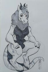 animal_genitalia anthro balls bovid bovine breasts cattle dragon fingers full-length_portrait fur futanari genitals hair hi_res hooves horn hybrid intersex looking_at_viewer mammal mochashep mythological_creature mythological_scalie mythology neck_tuft nude portrait scalie sheath smile solo spud tail traditional_media_(artwork) tuft voidpotato