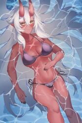 akumi beach bikini black_bikini black_nails breasts cleavage closed_mouth collarbone female fingernails from_above hair_between_eyes horns long_hair looking_at_viewer lying nail_polish navel on_back oni_horns partially_submerged red_skin sharp_fingernails side-tie_bikini smile solo swimsuit very_long_hair vyugen water wet white_hair yellow_eyes