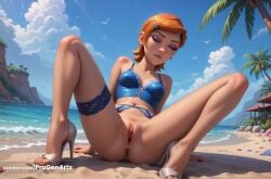 1girls ai_generated anus arm_support artist_name beach ben_10 ben_10_(classic) bikini bird blue_bikini blue_bra blue_sky bottomless bra breasts cartoon_network closed_eyes closed_mouth cloud collarbone day earrings eyeshadow feet female garter_belt green_eyes gwen_tennyson gwen_tennyson_(classic) hair_ornament hairclip hi_res high_heels jewelry knees_up leaning_back legs lingerie lips makeup medium_breasts nail_polish navel ocean orange_hair outdoors palm_tree patreon_username progenarts pussy rock sand sandals short_hair sitting sky solo spread_legs strappy_heels swept_bangs thigh_strap toenail_polish toenails toes tree uncensored underwear warner_brothers water younger_female