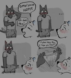 4_panel_comic anthro bear becoming_erect blush bodily_fluids bulge clothing comic cum cum_in_clothing cum_soaked_underwear cum_through_clothing cum_through_pants dialogue domestic_cat duo english_text erection fanofthefurr felid feline felis genital_fluids hi_res male male/male mammal orgasm polar_bear speech_bubble sweat text ursine wet wet_clothing