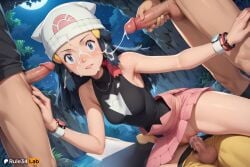 1girls 2boys 3boys ai_generated anime_girl bare_shoulders beanie black_hair black_shirt blue_eyes blue_hair blush bracelet breasts clothed_sex cloud cowgirl_position cum cum_in_pussy cum_on_hair dawn_(pokemon) erection eyelashes facial full_moon gangbang grass group_sex hair_ornament hat hi_res jewelry long_hair medium_breasts miniskirt moon moonlight multiple_boys night night_sky nintendo outdoors parted_lips patreon_logo patreon_username penis pink_skirt pokemon pokemon_(anime) pokemon_(game) pokemon_dppt pussy rule34lab sex shirt skirt sky sleeveless solo_focus spread_legs straddling straight testicles tree uncensored vaginal_penetration watch water web_address white_headwear wristwatch
