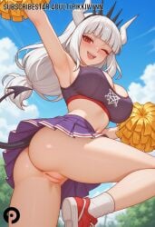 ;d ai_generated anus arm_up armpits ass bangs blunt_bangs blush breasts cheerleader day demon_girl demon_horns demon_tail female from_below helltaker holding holding_pom_poms horns large_breasts long_hair looking_at_viewer lucifer_(helltaker) miniskirt navel no_panties oerba_yun_fang one_eye_closed open_mouth outdoors pikkiwynn pleated_skirt pom_pom_(cheerleading) pussy red_eyes shoes skirt smile socks solo tail uncensored white_hair