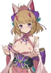 animal_ears blonde_hair breasts embarrassed fake_animal_ears female fox_ears hair_ornament horns looking_at_viewer nipples purple_eyes puzzle_&_dragons wamachi_(hamachi_oekaki)