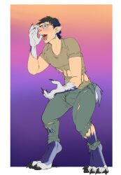 anthro black_hair body_size_growth bottomwear bulge canid canine canis claws clothing eyewear fangs footwear fur fur_growth glasses growth hair hi_res human humanoid humanoid_pointy_ears hybrid male mammal mid_transformation muscular mythological_canine mythological_creature mythology narusewolf pants patricwolf paws pointy_ears sequence shirt size_transformation snout snout_growth socks solo standing surprised teeth topwear torn_clothing transformation wearing_glasses werecanid werecanine werecreature werewolf white_body white_fur wolf