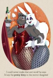2025 alcohol alcohol_bottle anthro ass bedroom_eyes beer beer_bottle behind_another benedict_(pokonuki) beverage big_butt black_nose blue_eyes blush bodily_fluids bottle bow_tie buckteeth bulge clothing container digital_media_(artwork) domestic_cat duo english_text erection erection_under_clothing exclamation_point eyeshadow felid feline felis fishnet_clothing fishnet_leggings fishnet_legwear flustered fur green_eyes grey_body grey_ears grey_fur grey_hair grey_sclera hair half-closed_eyes hands_on_hips hi_res holding_object holding_plate lagomorph leggings legwear leotard leporid lexi_(pupterrain) long_ears looking_at_another makeup male male/male mammal markings mole_(marking) mr._playboy multicolored_ears muscular muscular_anthro muscular_male narrowed_eyes pink_nose plate playboy playboy_bunny playboy_outfit pokonuki purple_bow_tie purple_eyeshadow rabbit red_bow_tie red_clothing red_leotard scut_tail seductive shirt_collar shirt_cuffs short_tail smile sweat tail teeth text thick_thighs three-quarter_view tongue two_tone_ears white_body white_ears white_fur white_tail
