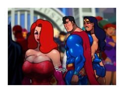 1boy 2girls arm_gloves artist_name artist_signature ass ass_grab bisexual_female biting_lip black_hair breasts breasts_bigger_than_head cape clark_kent clothed dc_comics diana_prince distracted_boyfriend dress eyeshadow hair_over_one_eye huge_breasts jessica_rabbit long_hair meme meme_reference milf mutual_ass_grab orange_hair public red_lipstick rysketches skirt superman superman_(series) who_framed_roger_rabbit wonder_woman wonder_woman_(series)