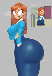 1girls ass ass_in_dress big_ass big_breasts black_eyes blue_dress blue_shirt breasts brown_hair bubble_ass bubble_butt clothing dress ear_piercing earrings eyewear female female_only garp_sand glasses hair huge_ass kindergarten_(game) kindergarten_3 long_hair mature mature_female motion_lines ms._lovelett red_glasses reference_image shirt side_view sideboob smile solo solo_female steam steamy steamy_breath teacher teacher_outfit