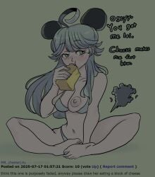 1girls barefoot bikini bra breasts cheese cleavage eating fart feet female female_only green_bikini long_hair long_hair_female mouse_ears mr.sir_69 navel nipple_slip nom passing_gas rule_34-tan self_upload snack solo staring_at_viewer