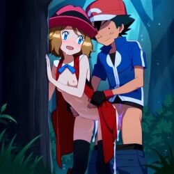1boy 1girls against_tree ai_generated black_hair blue_eyes brown_hair clothed_sex cum dadfox ditto female functionally_nude hands_on_waist hat holding_waist human male male_pokemon/female_human open_clothes outdoors partially_clothed pokemon pokemon_(anime) pokemon_(species) pokemon_xy pokephilia satoshi_(pokemon) serena_(pokemon) sex sex_from_behind standing_sex transformation transformed transformed_ditto waist_grab