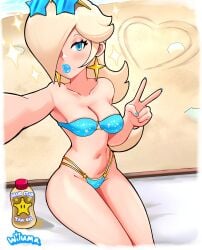 1girls alternate_version_available beach big_lips bikini bikini_bottom bikini_top bimbo bimbo_lips blonde_hair blue_bikini blue_eyes blue_lips blue_lipstick blue_nail_polish blue_nails blush bottle bottomwear ear_piercing earrings female female_only hair hair_over_one_eye half-closed_eyes headwear heart hips lips lipstick long_hair mario_(series) nail_polish nails nintendo parted_lips peace_sign princess_rosalina selfie side-tie_bikini solo solo_female sparkles sunglasses sunglasses_on_head swimwear thick_lips thighs topwear wide_hips wiluma