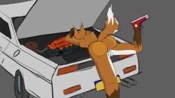 16:9 anthro ass balls canid canine car casual_chastity casual_nudity chastity_cage chastity_cage_only chastity_device chastity_device_only fox genitals hi_res lying male mammal nude on_front pontiac pontiac_fiero rear_view red_fox shoe_only snwcne solo true_fox vehicle wearing_chastity_cage wearing_chastity_device widescreen