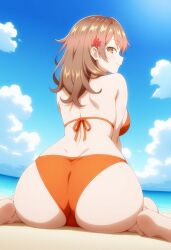 ai_generated ass ass_focus beach bikini breasts brown_eyes brown_hair female gigantic_breasts maria_mikhailovna_kujou tokidoki_bosotto_russian_de_dereru_tonari_no_alya-san