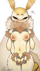 absurd_res antennae_(anatomy) anthro areola arm_tuft arthropod black_eyes blush breasts claws cute feelers female finger_claws genitals gesture hand_on_chest hand_on_crotch heart_gesture heart_symbol hi_res insect_wings insects lepidopteran moth multi_arm multi_limb neck_tuft nipples non-mammal_breasts non-mammal_nipples pussy pussy_heart solo sonakariart suu_(soren_howlson) tuft two_tone_head wings wrist_tuft