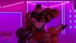 anthro big_bulge blender_(artwork) blue_eyes body_hair bulge canid canine chest_hair clothing digital_media_(artwork) disney domizoni felid fox group guardians_of_the_galaxy harness hat headgear headwear hi_res jockstrap male male/male mammal marvel muscular muscular_anthro muscular_male neon_lights nick_wilde night_(dream_and_nightmare) nightclub nipple_piercing nipples pantherine piercing procyonid raccoon rocket_raccoon smile striped_body stripes tiger trio underwear zootopia