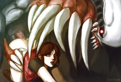 1girls 1monster ambiguous_penetration ass blue_eyes brown_hair claire_redfield clothing cum dochyde female from_behind huge_monster human interspecies larger_male male monster open_mouth penetration penis rape resident_evil sex size_difference smaller_female straight william_birkin