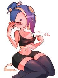 1girls alternate_version_at_source bandage blue_hair booty_shorts bottom_heavy chocho_(초초) clothes_pull deep_cut_(splatoon) hair_over_one_eye hot looking_at_viewer nintendo nipple_slip nipples octoling_girl partially_clothed purple_hair red_eyes shiver_(splatoon) small_breasts splatoon splatoon_raiders sweat tentacle thick_ass thick_thighs thighhighs undressing unwrapping
