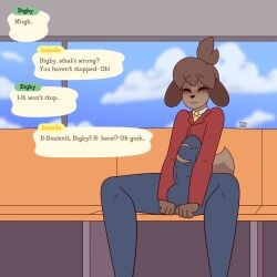 2025 absurd_res animal_crossing anthro big_penis blush blush_lines canid canine canis clothed clothing cloud dialogue digby_(animal_crossing) domestic_dog erection erection_under_clothing genitals hi_res hiding_erection male mammal max_draws metro nintendo penis public public_transportation shy sitting solo speech_bubble spreading text torn_clothing window