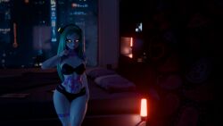 1boy 1girls 3d blue_skin cyberpunk:_edgerunners cyberpunk_(series) female green_eyes green_hair imminent_sex long_hair looking_at_another male rebecca_(edgerunners) red_sclera self_upload shortstack smug zeleous