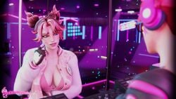 2025 2girls 3d artist_name blue_eyes bra breasts callisto_(fortnite) clothed clothing female female_only fortnite glasses headphones jade_(fortnite) light-skinned_female light_skin looking_at_another nightclub pink_hair pink_nails pinkmilkshake short_hair video_games