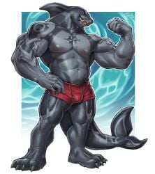 1boy 2023 abs absurd_res anthro aquatic arm_tattoo biceps blue_border border bulge chest_tattoo clothed clothing deltoids fangs feet fish flexing flexing_arms flexing_bicep flexing_muscles grin hi_res male manly masculine_male muscular muscular_arms muscular_legs muscular_male muscular_thighs obliques pecs pose red_clothing shark sharp_teeth shockjaws simple_background smile solo solo_male standing swimsuit swimwear tattoo teeth topless_male triceps white_background