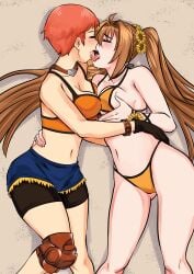 2girls breast_press breasts brown_hair decox eiyuu_densetsu estelle_bright fefex female female_only fire_emblem fire_emblem:_three_houses kissing leonie_pinelli light-skinned_female long_hair making_out nintendo orange_hair saliva shorts side_ponytail sora_no_kiseki swimsuit tomboy tongue_kiss twintails