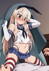 1boy 1girls admiral_(kantai_collection) anchor bare_shoulders black_eyes black_panties blonde_hair blush cowgirl_position elbow_gloves female flat_chest frottage gloves hairband high_waisted_thong kantai_collection long_hair male navel null_(nyanpyoun) panties penis personification shimakaze_(kantai_collection) skirt straight striped striped_panties thighhighs underwear white_gloves