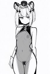 animal_ears bare_arms bare_shoulders blunt_ends bob_cut breasts character_request china_dress chinese_clothes closed_mouth commentary_request cowboy_shot dress female female_pubic_hair gloves groin hat highres looking_at_viewer makigirisu medium_breasts naked_dress navel nipples pelvic_curtain pillbox_hat pubic_hair see-through_clothes see-through_dress shadowverse short_hair side_slit simple_background sleeveless sleeveless_dress solo standing white_background