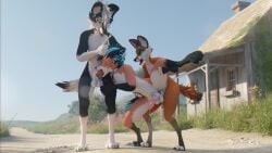 3d_(artwork) absurd_res anal anal_sex anthro antler_grab antlers bodily_fluids canid canine digital_media_(artwork) fellatio femboy fox genital_fluids genitals group group_sex hi_res horn lagomorph male male/male mammal oral outside outside_sex penetration penile penis precum rabbid_foulfellow_(sanythefox) sany_van_fox sanythefox sex sol_heylyn_(sanythefox) threesome trio vrchat_model wings wolpertinger