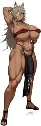 abs ai_generated armpit_hair armpits arms_up cum dark-skinned_futa dark_skin female futanari ghislaine_dedoldia intersex kunaboto_(style) looking_at_viewer muscular muscular_arms muscular_female muscular_futa muscular_legs muscular_thighs mushoku_tensei pelvic_curtain pubic_hair pubic_hair_peek