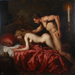 1boy 1girls ai_generated doggy_style female male oil_painting red_bed_sheet sex vintage