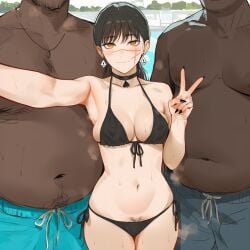1girls 2boys 2boys1girl ai_generated bikini bikini_bottom bikini_top black_hair chainsaw_man cheating dark-skinned_male demon demon_girl devil devil_girl female heroine interracial light-skinned_female male mitaka_asa netorare ntr qos qos_clothing queen_of_spades queen_of_spades_symbol ringed_eyes scar scar_on_face spiral_eyes yoru_(chainsaw_man)