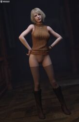 3d arms_on_waist ashley_graham ashley_graham_(ella_freya) blonde_hair blue_eyes bottomless capcom full_body missally pussy resident_evil resident_evil_4 resident_evil_4_remake shaved_pussy solo solo_female variant