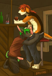 anthro ball_licking balls bar bastianwolf blush canine clothed clothing ear_piercing erection fur furry gay hand_on_head humanoid_penis lagomorph licking male no_humans open_pants pants penis piercing rabbit sex tongue tongue_out topless