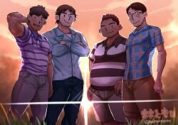 4boys absurd_res artist_name beard_stubble biceps big_head black_eyes blush boku_no_natsuyasumi brown_hair checkered chubby crossed_arms dad_bod dadbod fully_clothed gay genta_arase glasses grass group hand_behind_head height_difference hi_res jewelry looking_at_viewer male male_only married mature_male mottirimoto muscular muscular_arms no_sclera no_visible_genitalia orange_sky outdoors plaid polo_shirt ring shirt short_hair sideburns size_difference sky slim small_pupils smile smirk standing striped sunlight sunset takeru_yoshimoto thick_eyebrows very_high_resolution yaoi yukio_shimanami yusaku_sorano