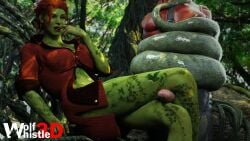 1boy 1girls 3d batman_(series) bondage coiling dc_comics erection female femdom green_skin immobile legjob male malesub penis poison_ivy red_hair tentacle vine_bondage vines wolfwhistle3d