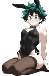 1boy bow bunny_ears bunny_girl bunny_tail bunnysuit deku female_deku freckles front_view green_eyes green_hair izuku_midoriya light-skinned_male light_skin male male_only my_hero_academia rule_63 seated short_hair small_breasts solo stockings white_skin