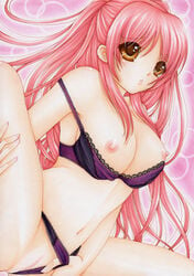 bra bra_pull breasts brown_eyes female kousaka_tamaki large_breasts long_hair mocomoco_party navel nipples panties panties_aside pink_hair pussy solo spread_legs tied_hair to_heart_(series) to_heart_2 twintails uncensored underwear_only